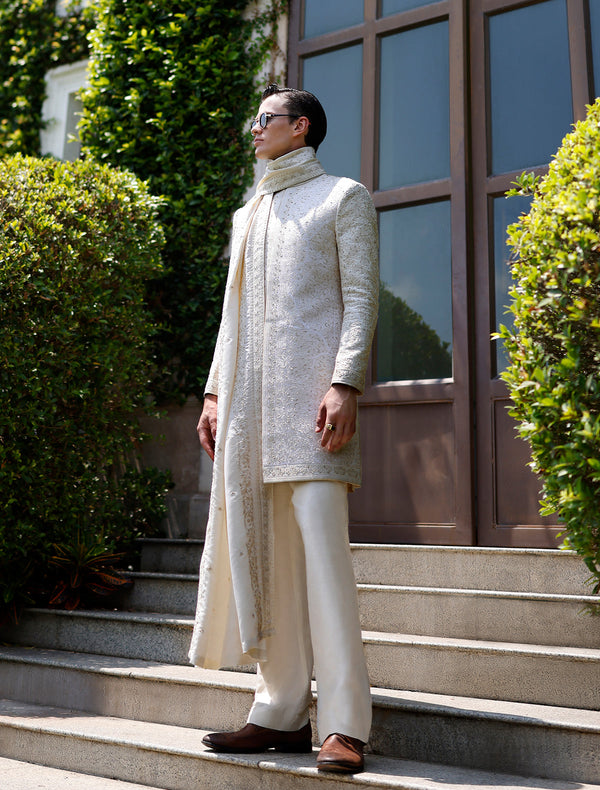 Cream Short Length Embroidered Sherwani